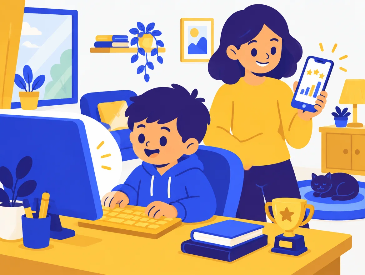 Ilustración: un niño teclea en casa mientras su madre mira el informe de progreso en el móvil