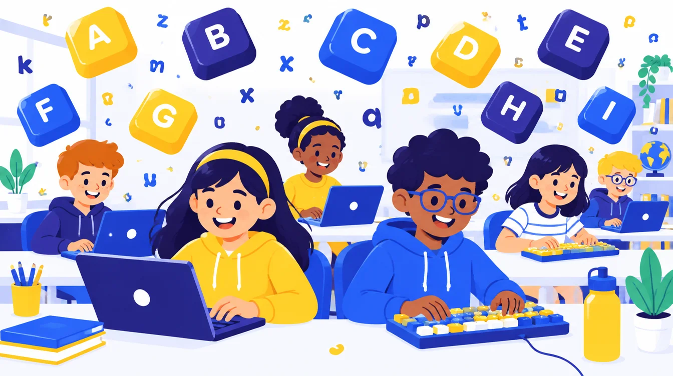 Ilustración: niños tecleando felices en un aula entre teclas gigantes flotantes